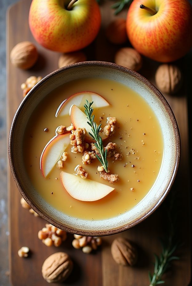 Creamy Autumn Pear & Walnut Soup garnished with apple slices and walnuts in a rustic bowl.