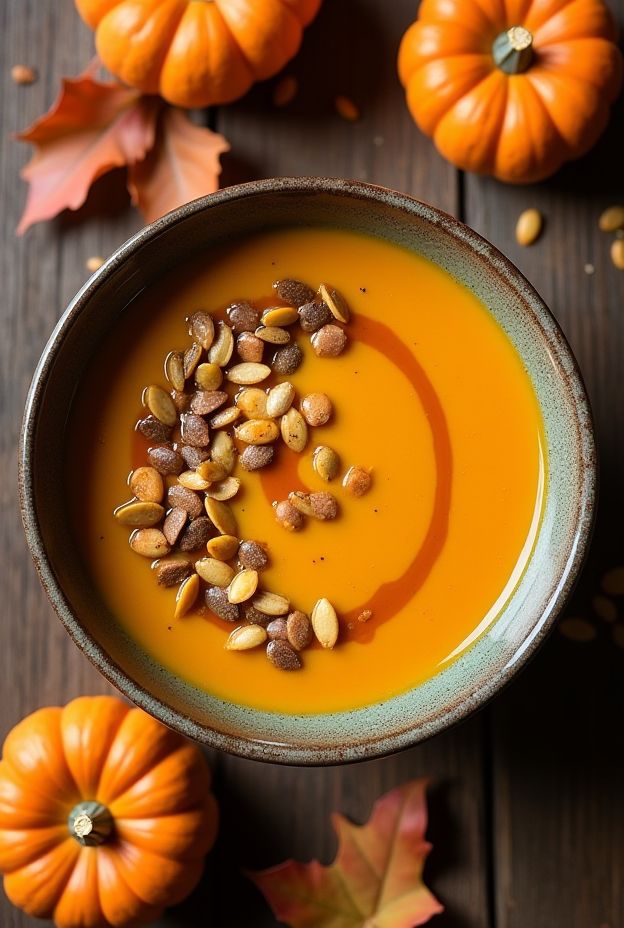 Creamy Autumn Squash & Maple Soup with roasted toppings and seasonal decor.