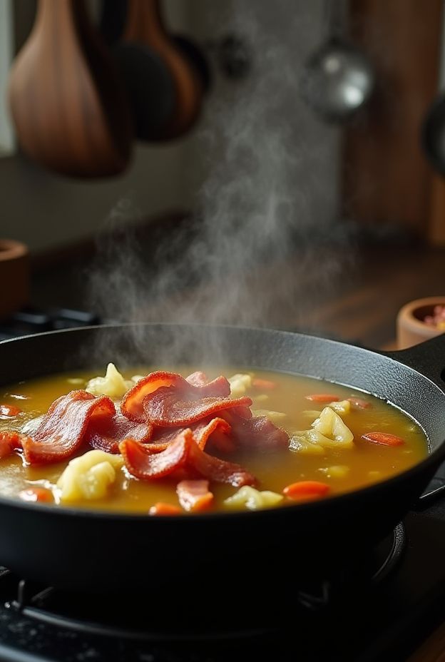 Hearty Bacon & Cabbage Skillet Stew with crispy bacon and vibrant vegetables in a savory broth.