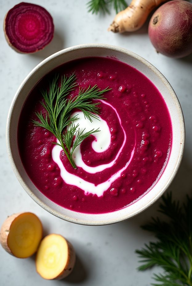 A vibrant beet and ginger cleansing soup topped with yogurt and fresh herbs in a bowl.