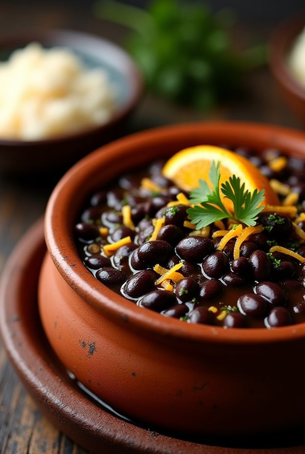 A vibrant Brazilian Black Bean & Orange Stew in a ceramic bowl, garnished with cilantro and orange slices.