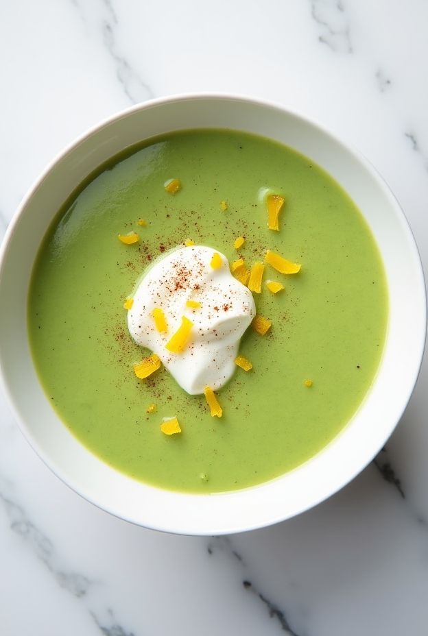 Creamy broccoli lemon yogurt soup with a dollop of Greek yogurt and lemon zest, perfect for healthy meals.