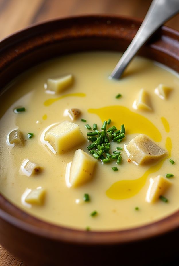 Creamy vegan chowder made with potatoes and leeks, garnished with chives and olive oil, served in a bowl.