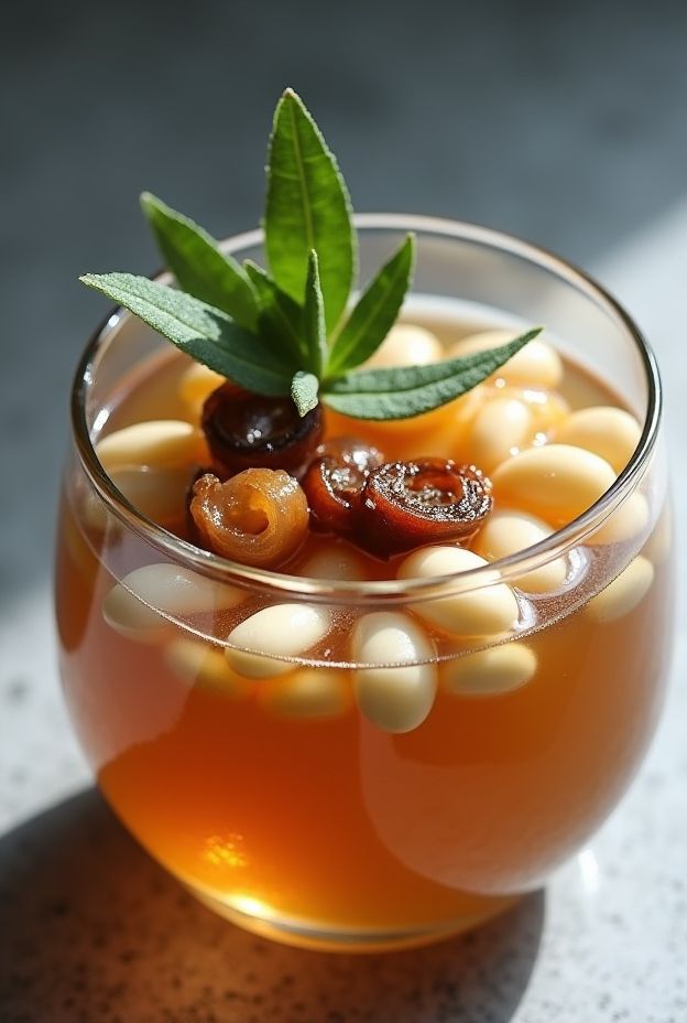 Caramelized Onion & Sage White Bean Broth garnished with sage leaves, showcasing a rich, savory flavor.