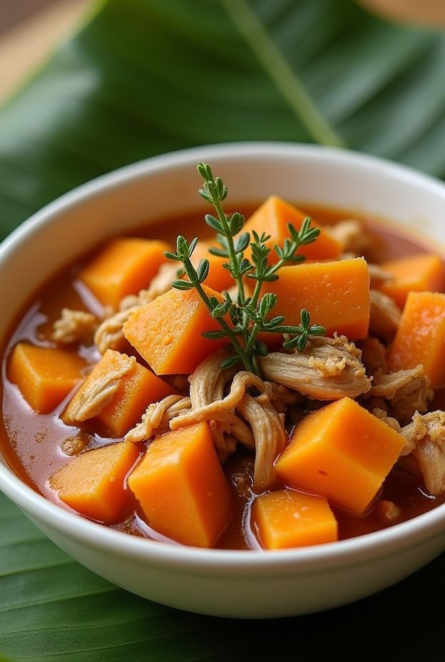 Delicious Caribbean Sweet Potato & Chicken Stew with fresh thyme and sweet potato chunks.
