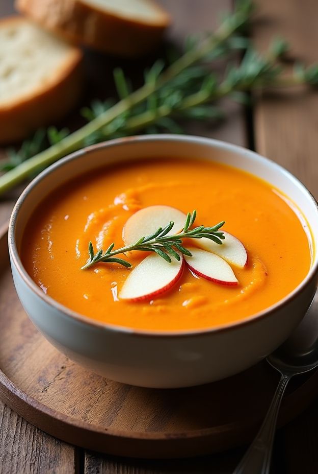 A bowl of Carrot, Apple & Thyme Cleanse Soup garnished with apple slices and thyme, perfect for detoxing.