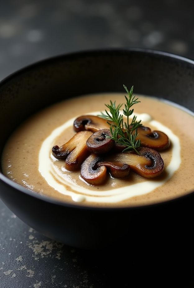 Cashew Cream Mushroom & Thyme Soup topped with sautéed mushrooms and a hint of thyme for flavor.