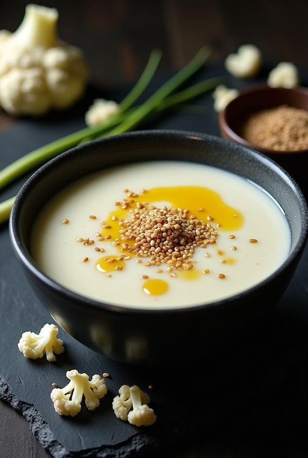 Creamy cauliflower and ginger soup topped with sesame seeds, featuring a rich coconut milk base for comfort.