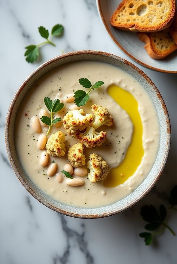 Creamy cauliflower and white bean purée served in a bowl with roasted cauliflower garnishes and a drizzle of olive oil.
