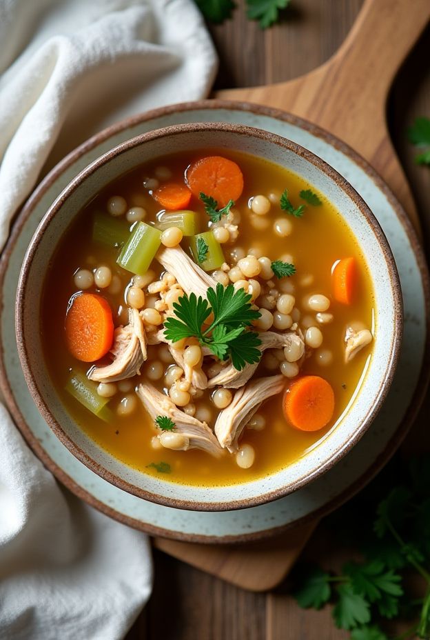 A comforting bowl of Chicken & Barley Soup with vegetables in a golden broth, garnished with parsley.