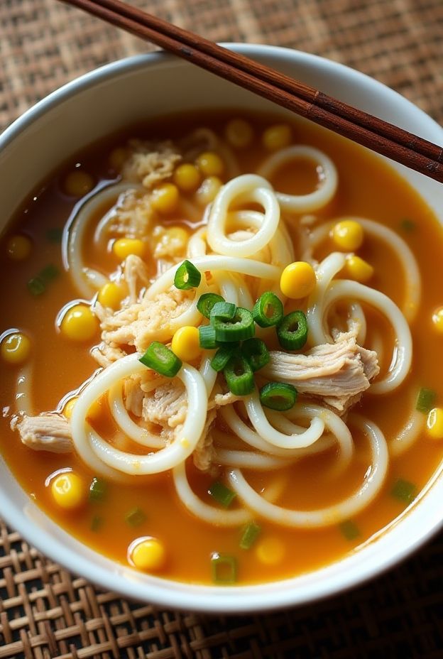 Homestyle Chicken Corn and Egg Drop Soup with noodles, corn, chicken, and green onions in a bowl.