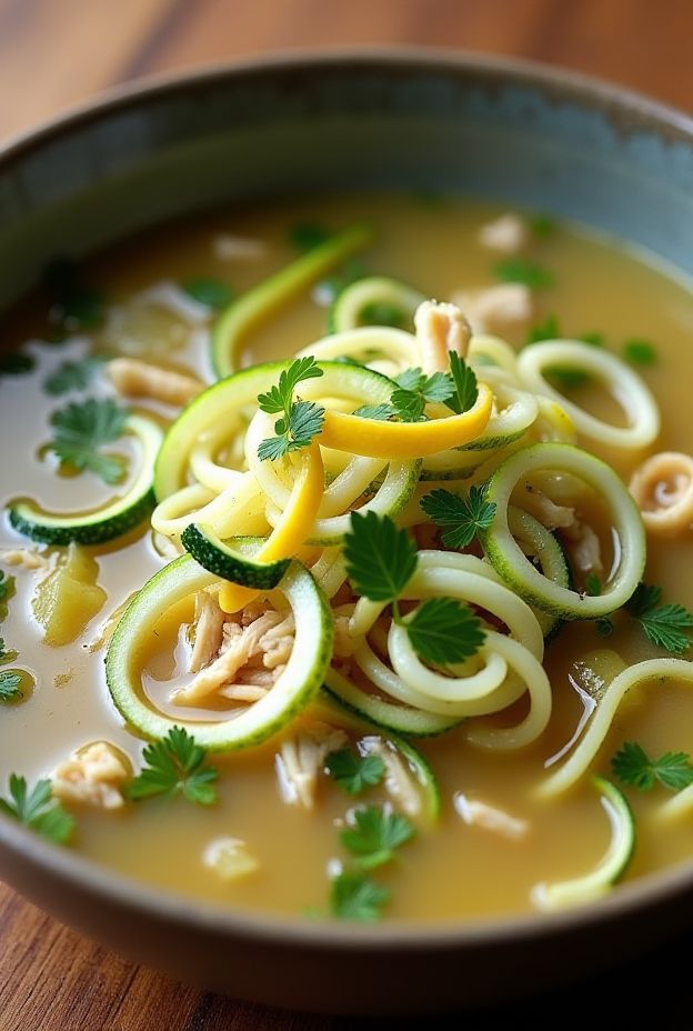 A bowl of Chicken & Zucchini Ribbon Soup featuring spiralized zucchini and fresh herbs in a light broth.