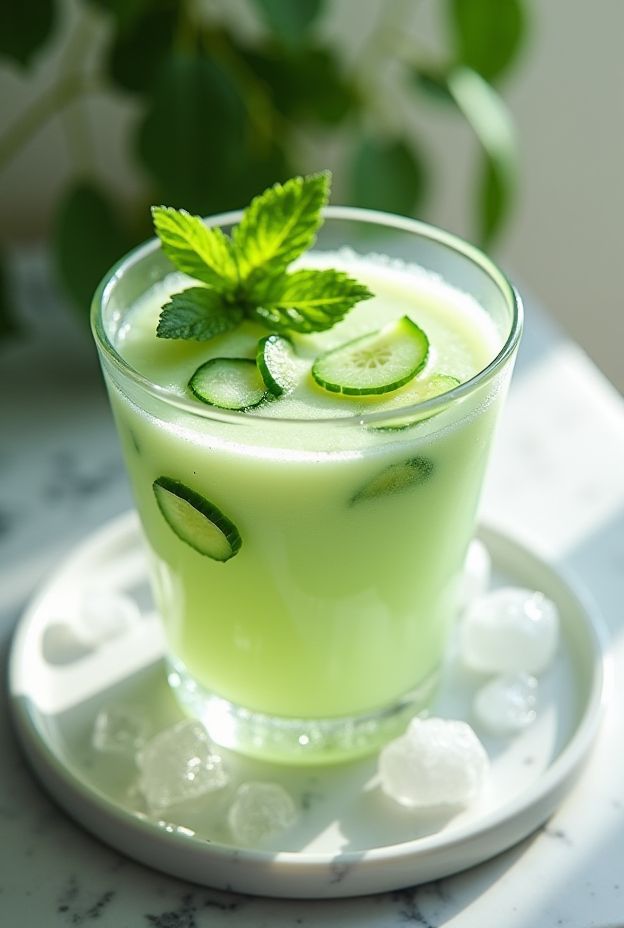 Chilled Melon & Cucumber Soup, a refreshing cold soup perfect for hot summer days with mint garnish.