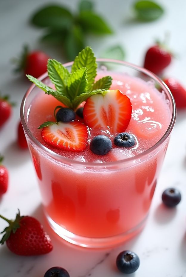 Chilled Strawberry & Mint Gazpacho in a glass with fresh strawberries and mint leaves, perfect for summer refreshment.