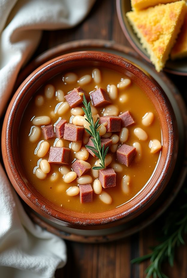 Country Ham & Bean Stew with smoky ham hock and white beans served in a rustic bowl.