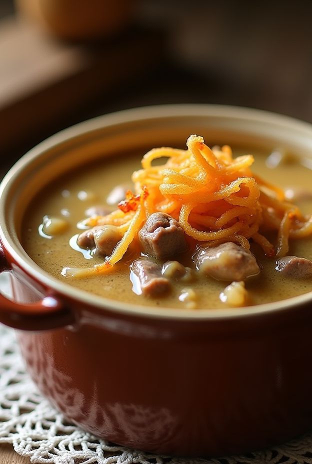 Creamy Beef & Onion Casserole Soup showcasing seared beef, caramelized onions, and rich cheese, perfect for cozy meals.