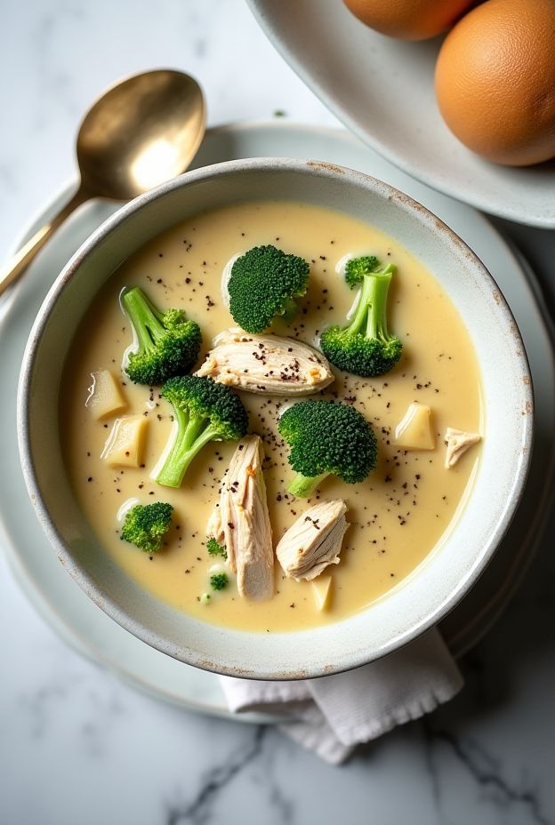Creamy Chicken & Broccoli Soup with tender chicken and fresh broccoli in a comforting cream base.