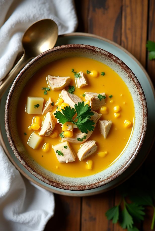Creamy Chicken & Sweetcorn Chowder featuring chicken, sweet corn, and creamy base, perfect for cozy meals.