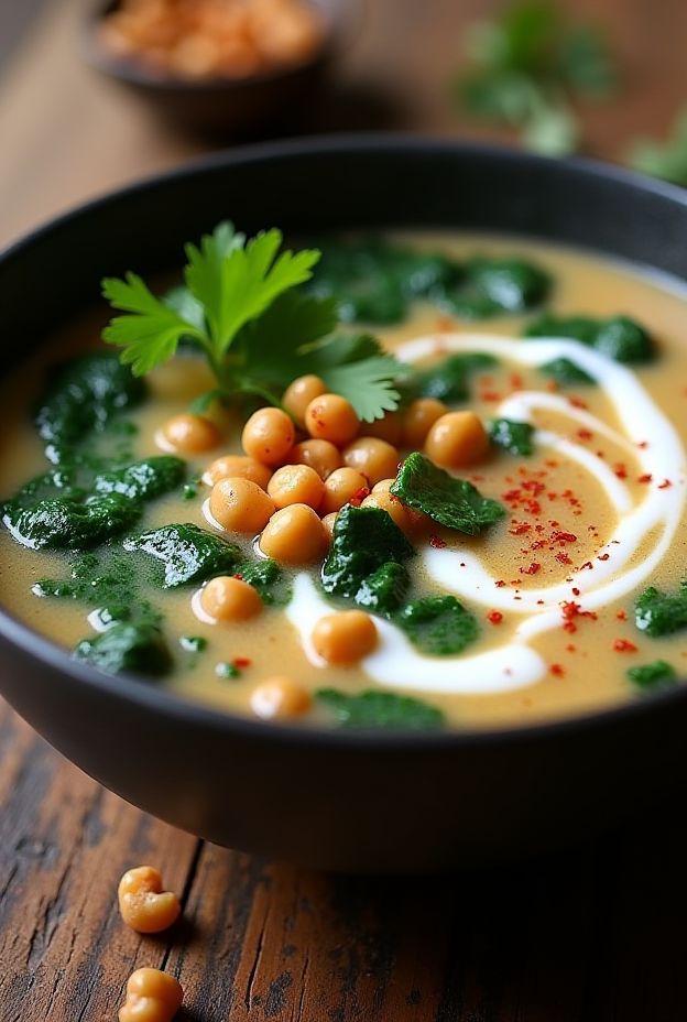 Creamy Coconut Chickpea & Spinach Soup topped with chickpeas, fresh spinach and herbs in a dark bowl.