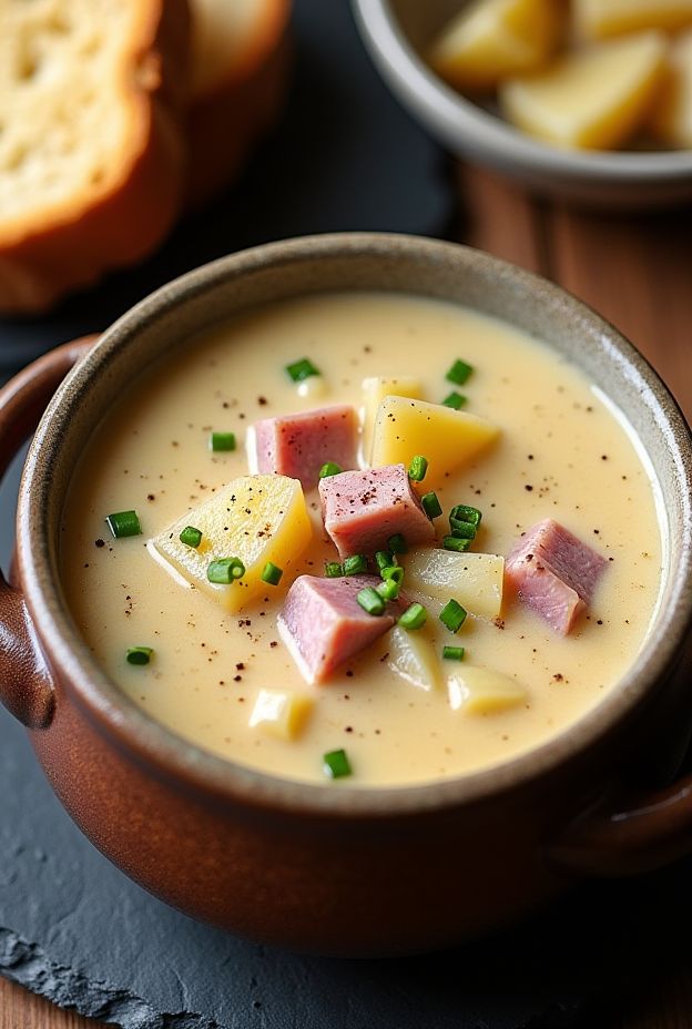 Creamy Ham & Potato Chowder served in a bowl, featuring diced ham, potatoes, and chives.