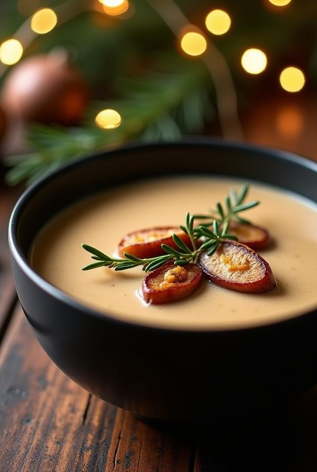 Creamy Roasted Chestnut & Thyme Soup garnished with roasted chestnuts, perfect for festive holiday gatherings.
