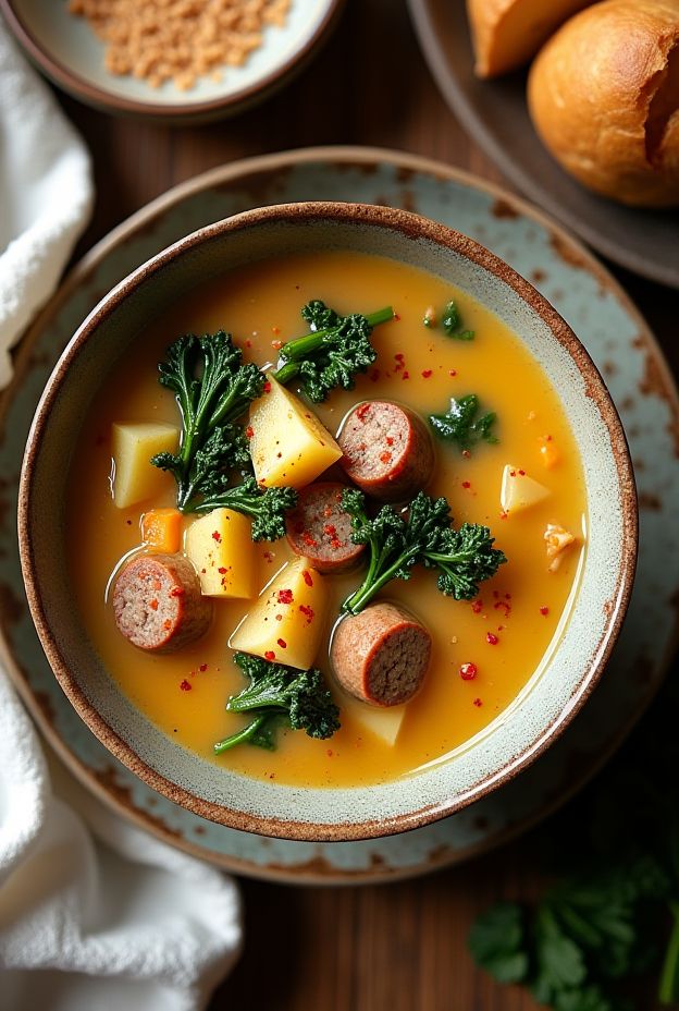Creamy Sausage & Potato Soup with kale in a rustic bowl, highlighting hearty ingredients and warm colors.