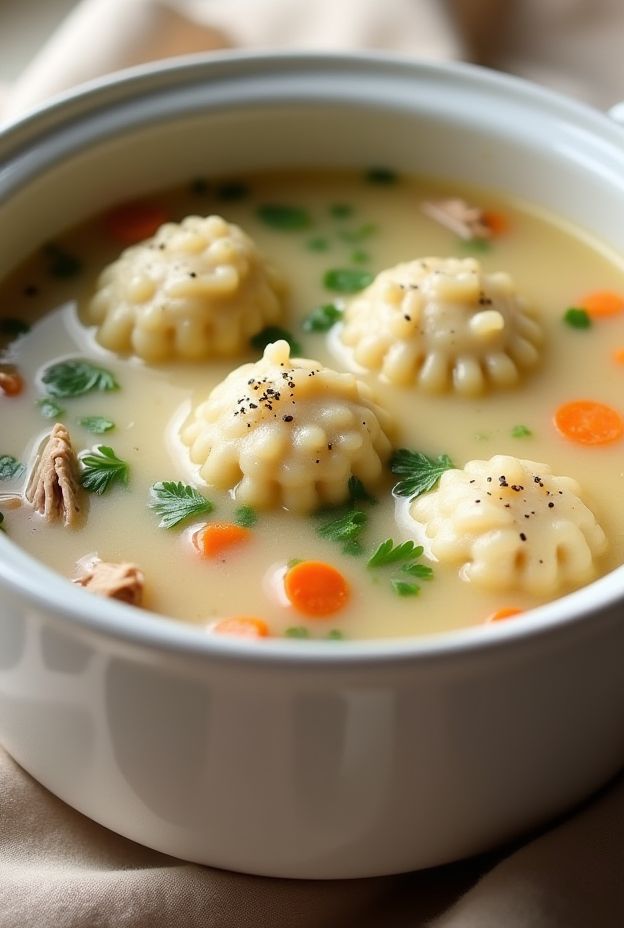 Creamy Turkey and Herb Dumpling Soup featuring shredded turkey, fluffy dumplings, and fresh herbs in a light cream broth.
