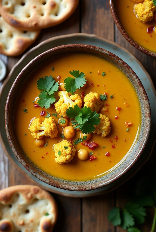 Curried Cauliflower & Chickpea Soup garnished with cilantro, served in a rustic bowl, highlighting warm colors and textures.