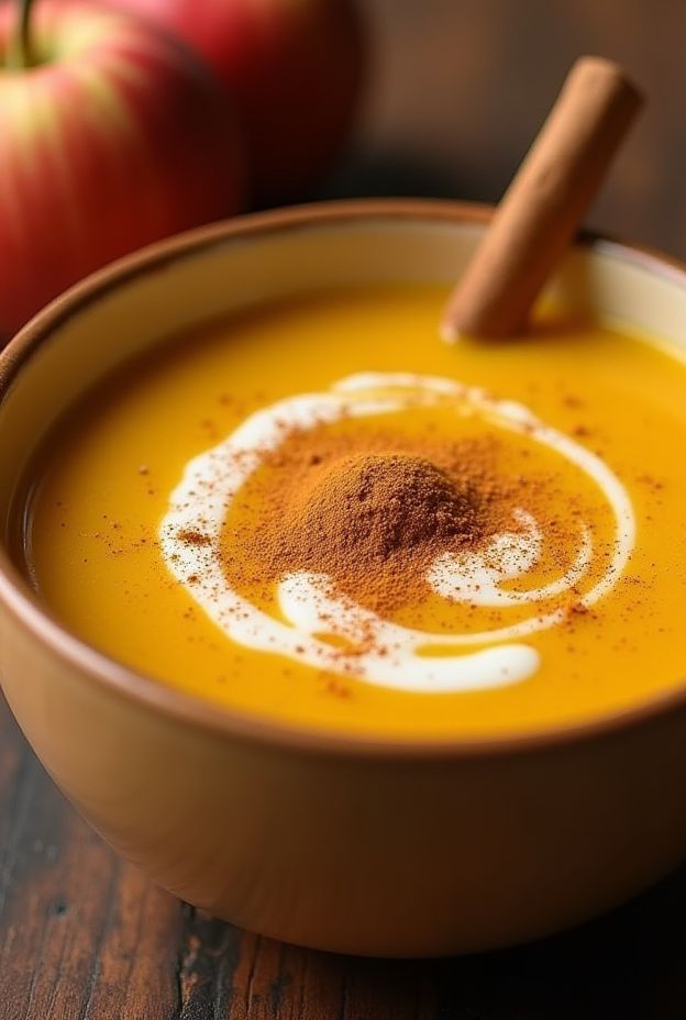 Curried Pumpkin & Apple Soup served in a bowl garnished with cinnamon and cream, embodying autumn flavors.