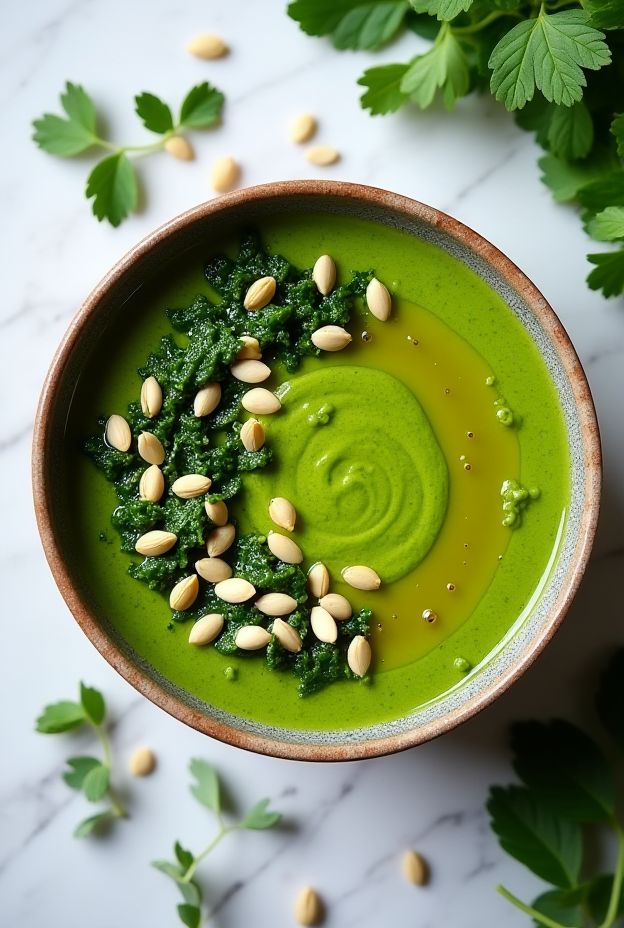 Vibrant Detox Green Goddess Soup featuring spinach, zucchini, and parsley with a drizzle of olive oil and pine nuts.