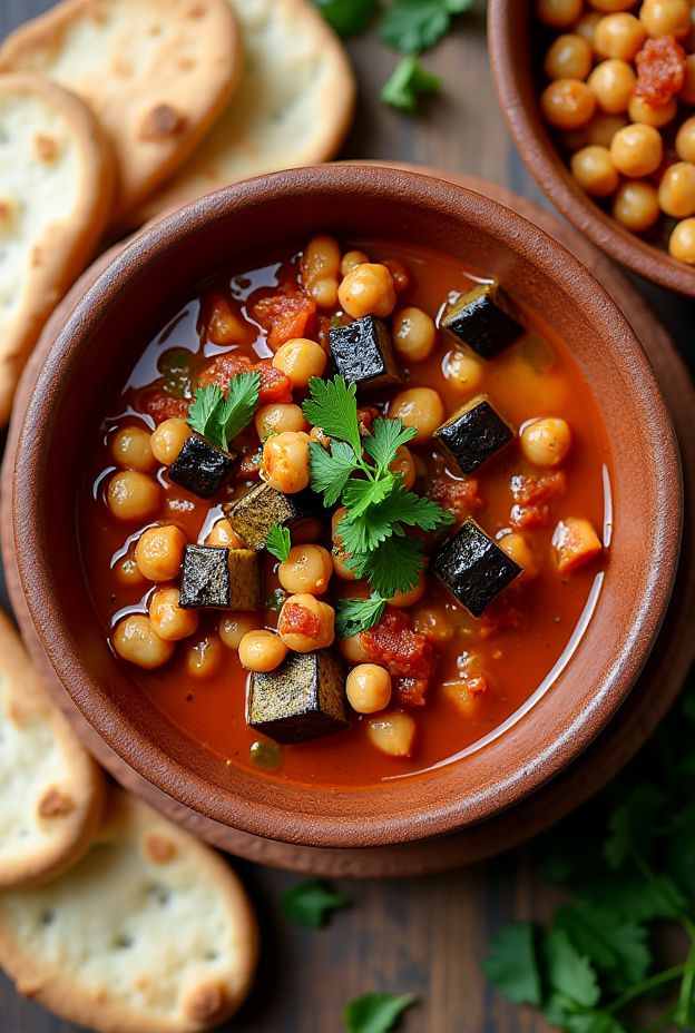 Mediterranean Eggplant and Chickpea Stew garnished with cilantro.