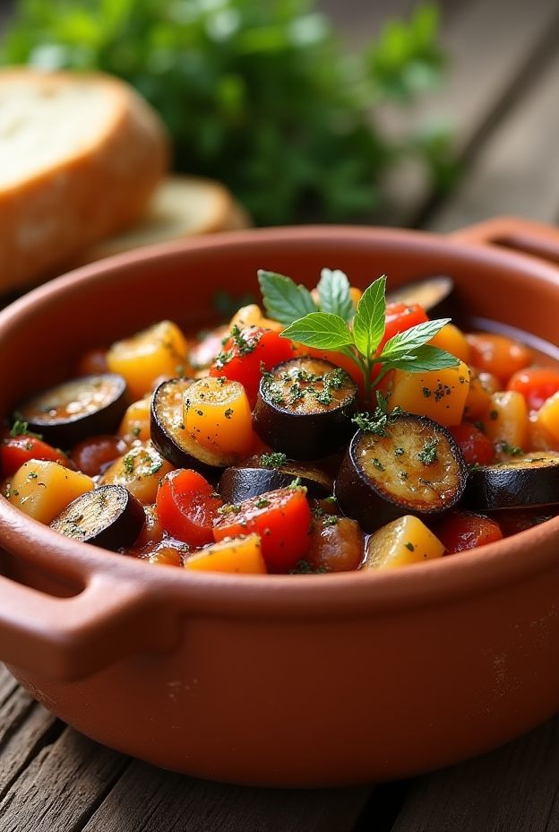 A vibrant Eggplant and Tomato Provençal stew, rich in herbs de Provence and fresh vegetables in a rustic setting.