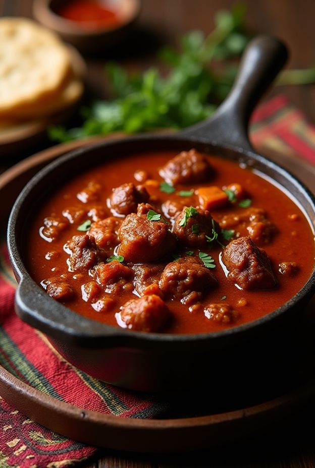 Ethiopian Berbere Beef Stew, slow-cooked beef in rich spice blend, served with injera and vegetables.