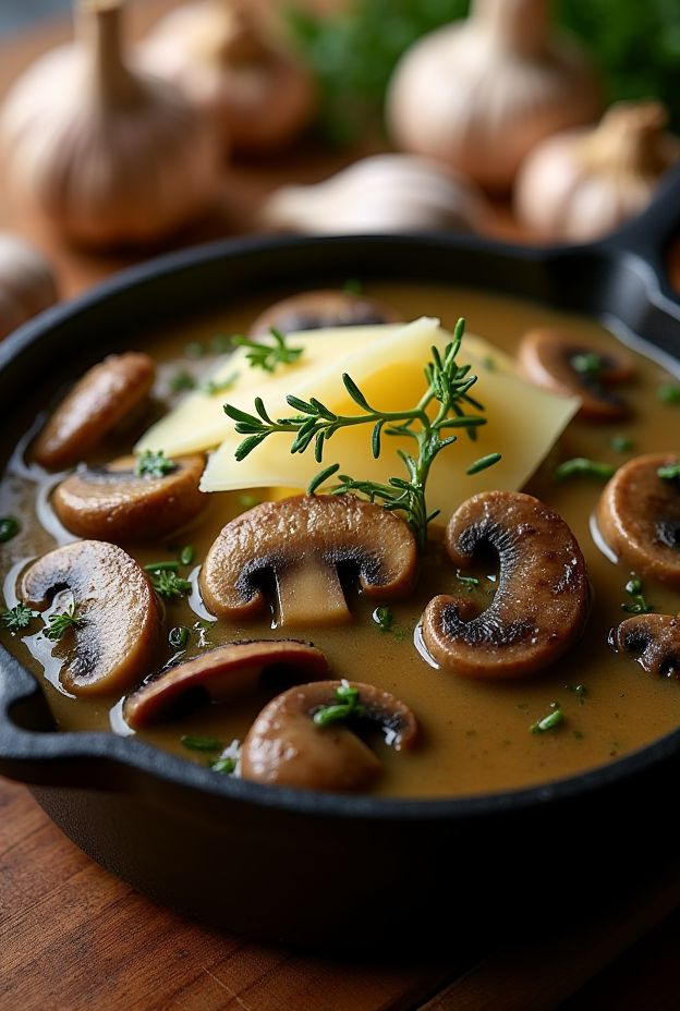 A bowl of creamy garlic butter mushroom stew with sliced mushrooms and fresh herbs.