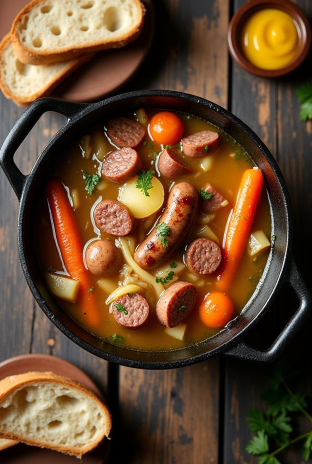 Hearty German Sauerkraut and Sausage Stew with bratwurst, potatoes, and carrots in a rich broth.
