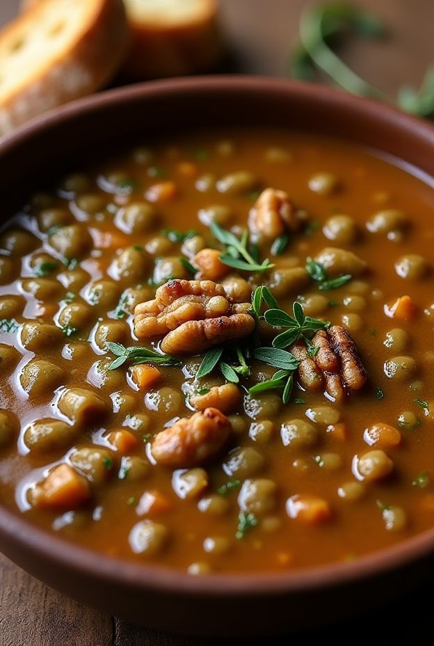 Green Lentil & Walnut Ragù Soup garnished with walnuts and herbs in a rustic bowl.
