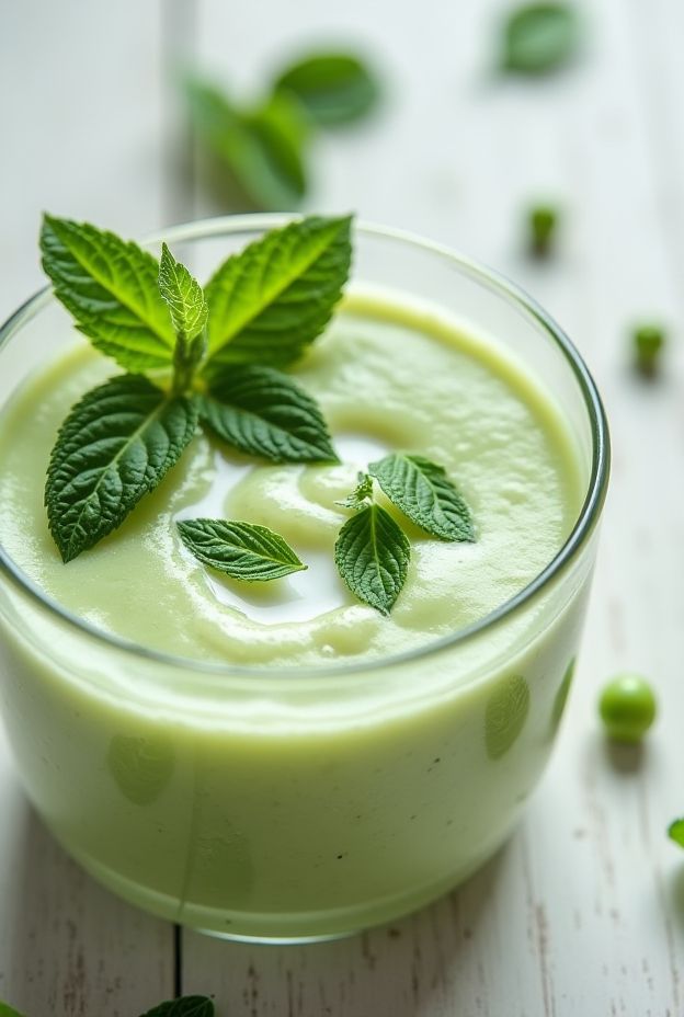 A vibrant green broth made of peas and mint, perfect for a refreshing detox meal.