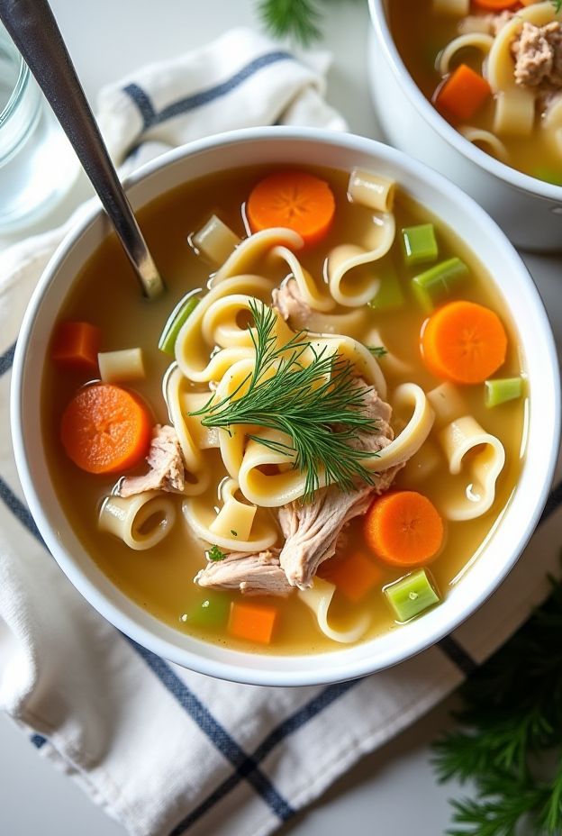 Delicious Homestyle Turkey Noodle Soup with tender turkey, egg noodles, and fresh herbs in a savory broth.