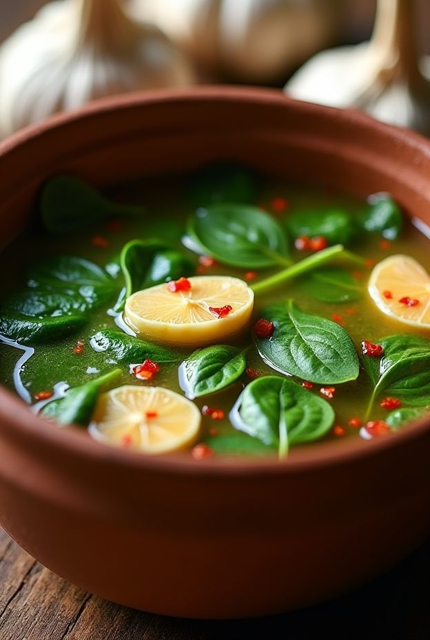 Immune-Boosting Garlic & Spinach Soup featuring fresh garlic, spinach, and lemon slices for added flavor.
