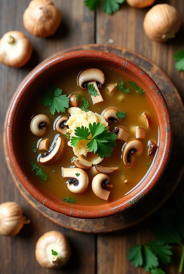 Immune-Boosting Mushroom & Garlic Soup with shiitake mushrooms in a mineral-rich broth garnished with fresh herbs.