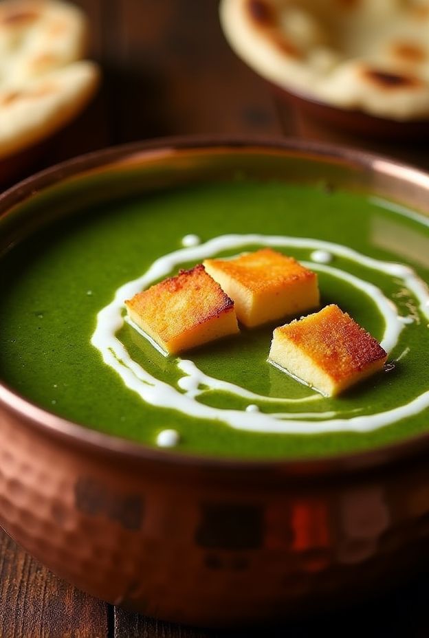 Creamy Spinach Paneer Soup with golden-fried paneer cubes and a swirl of cream, served in a copper bowl.
