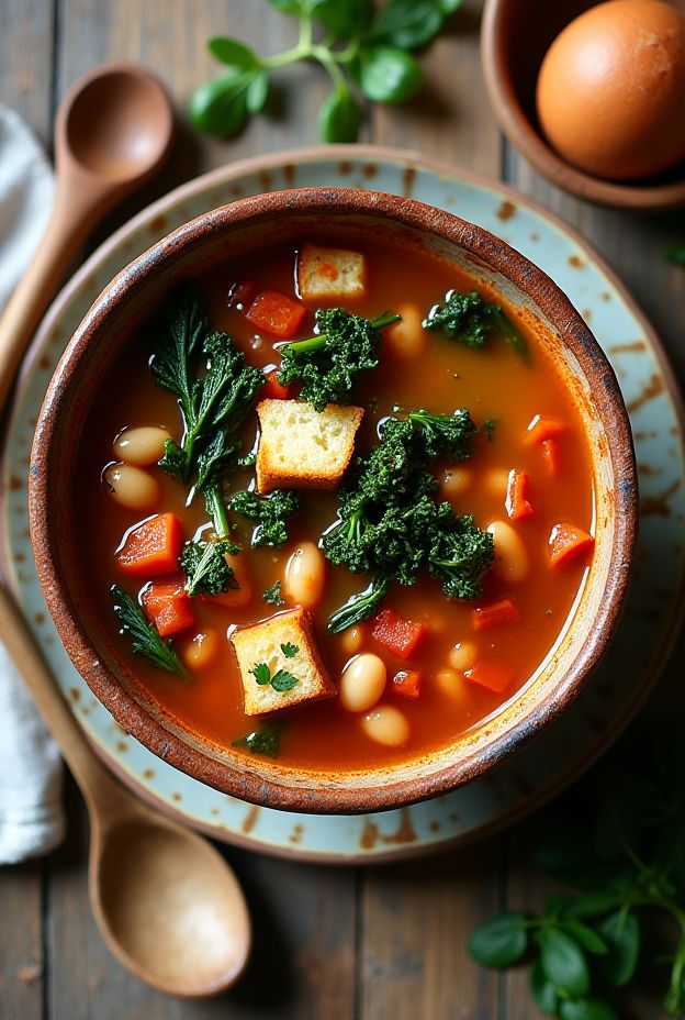 A bowl of hearty Italian Ribollita soup filled with beans, kale, and colorful vegetables, topped with crusty bread.