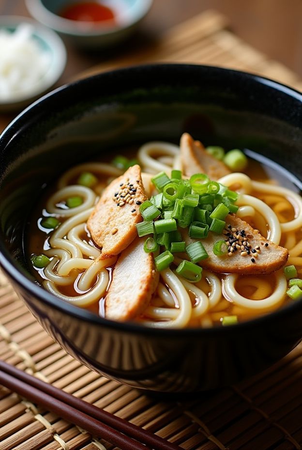 Hearty Japanese Ginger Chicken Udon Soup with thick noodles, chicken, and scallions in a savory broth.