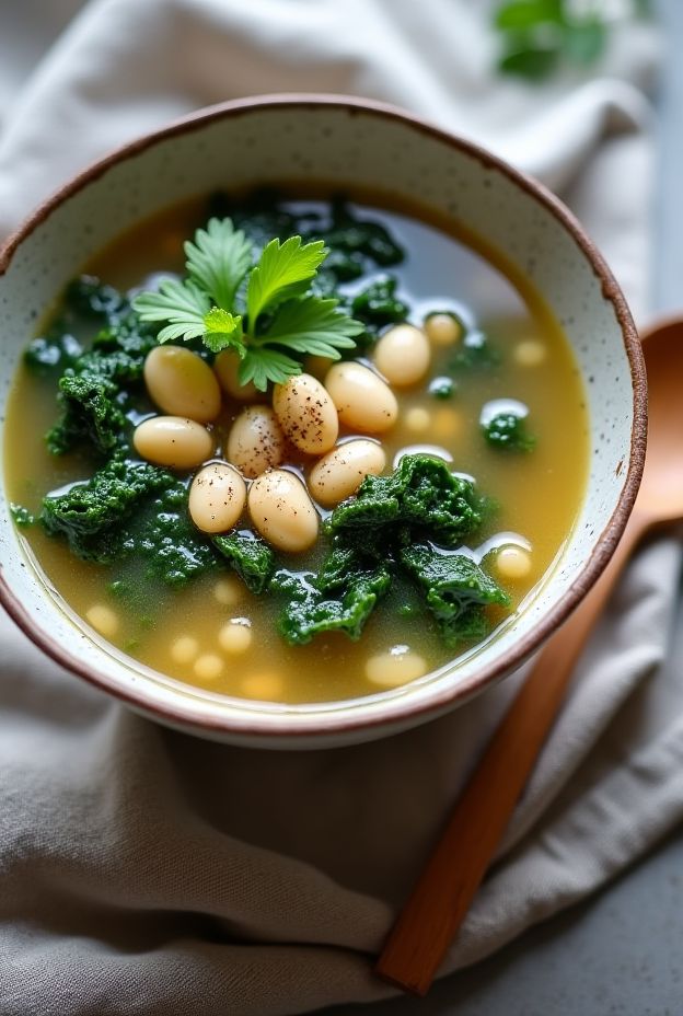 Kale & Cannellini Detox Soup, a healthy broth with greens and white beans.