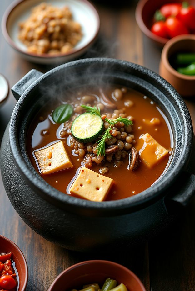 Korean Doenjang Stew with tofu, zucchini, and mushrooms served in a traditional pot.