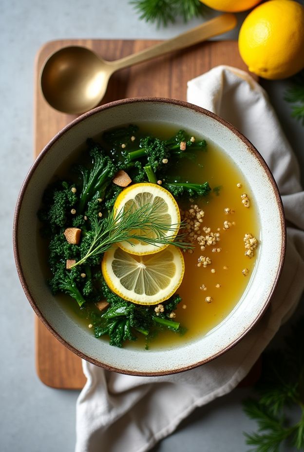 Bright lemon and kale soup with quinoa and garlic served in a bowl with lemon slices.