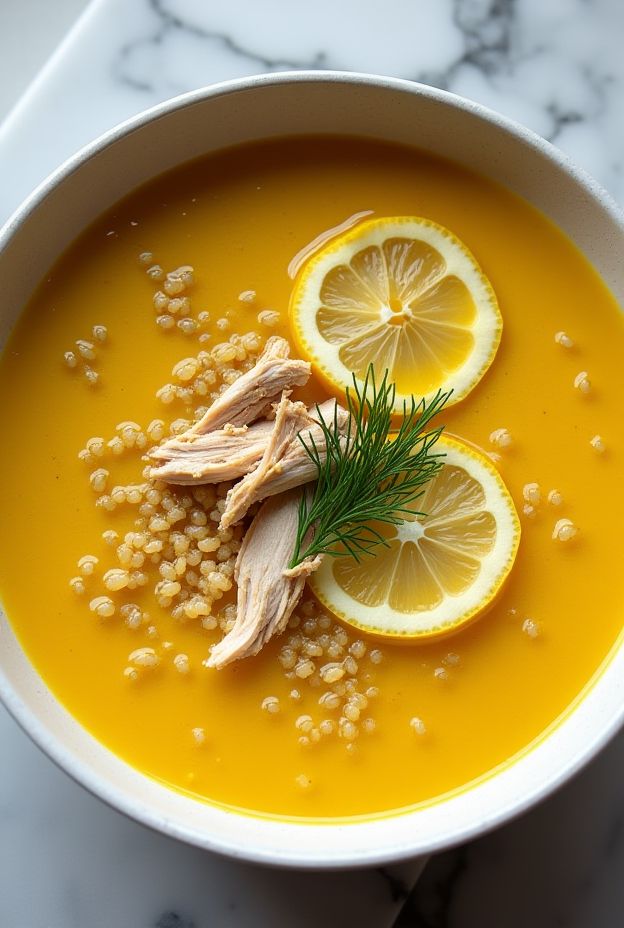 A vibrant bowl of Lemon Turmeric Chicken & Quinoa Soup featuring golden broth and garnished with lemon slices and herbs.