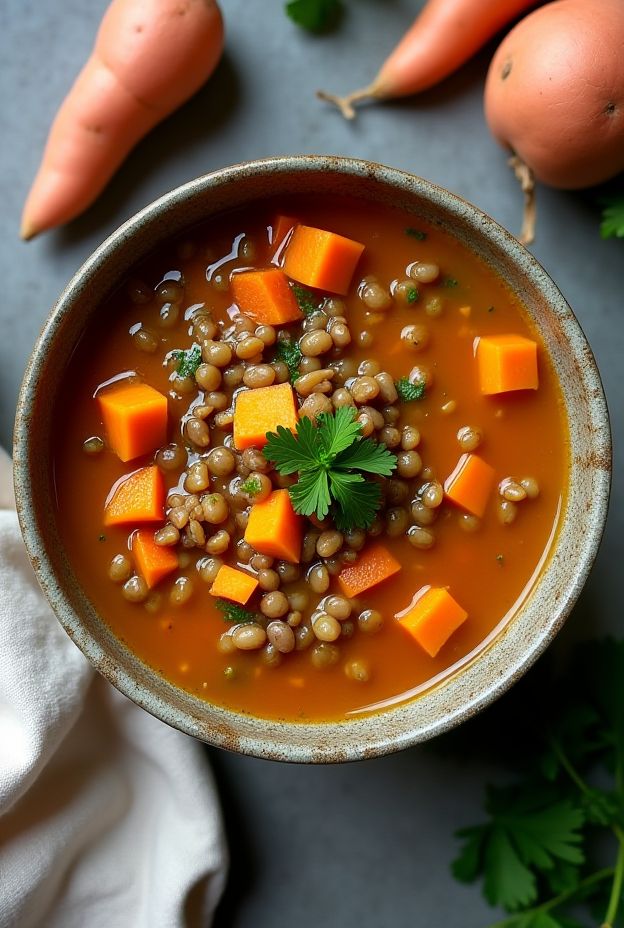 Hearty Lentil and Sweet Potato Stew rich in flavors with lentils, sweet potatoes, and cumin for a nutritious meal.