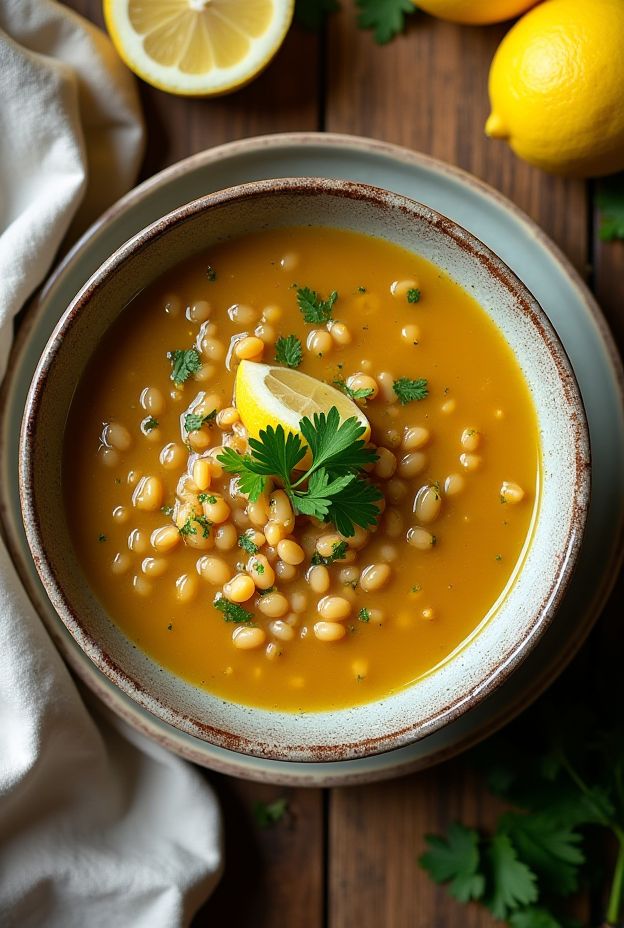 Light Lentil & Lemon Soup with fresh parsley garnished and lemon slices for a healthy meal option.