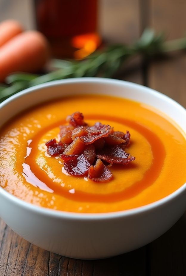 Maple Glazed Carrot & Bacon Soup topped with crispy bacon bits in a cozy bowl with a rustic backdrop.